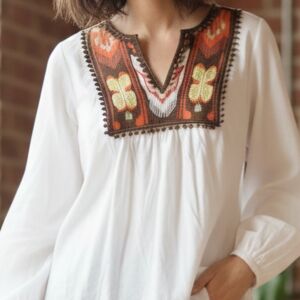 Embroidered White Blouse with Multicolor Accents
